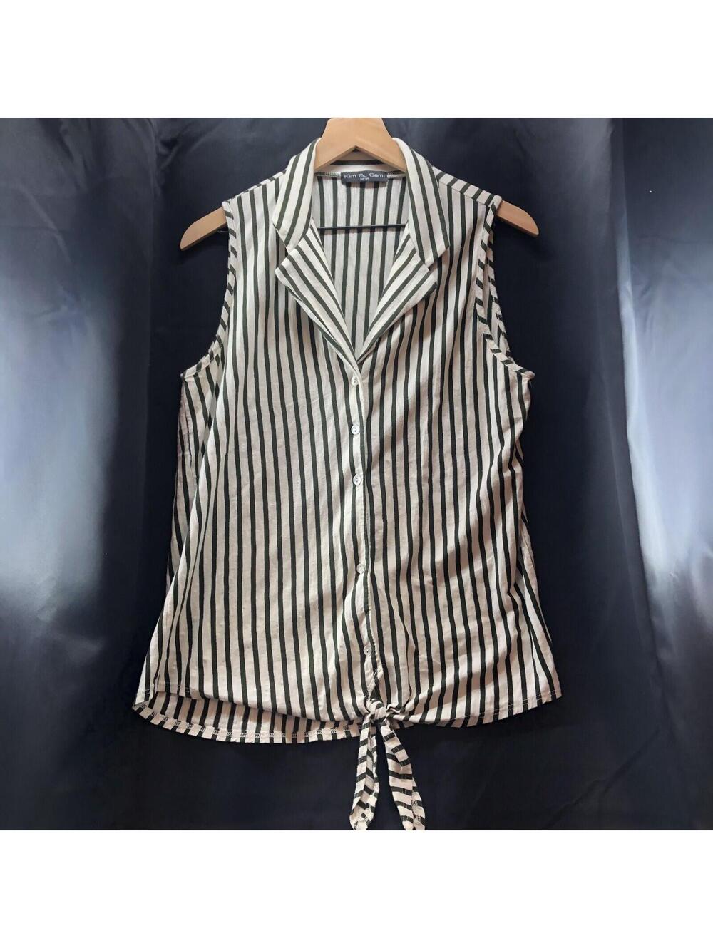 KIM & CAMI Sleeveless Top Womens Large Green Cream Striped Front Knot at Hem